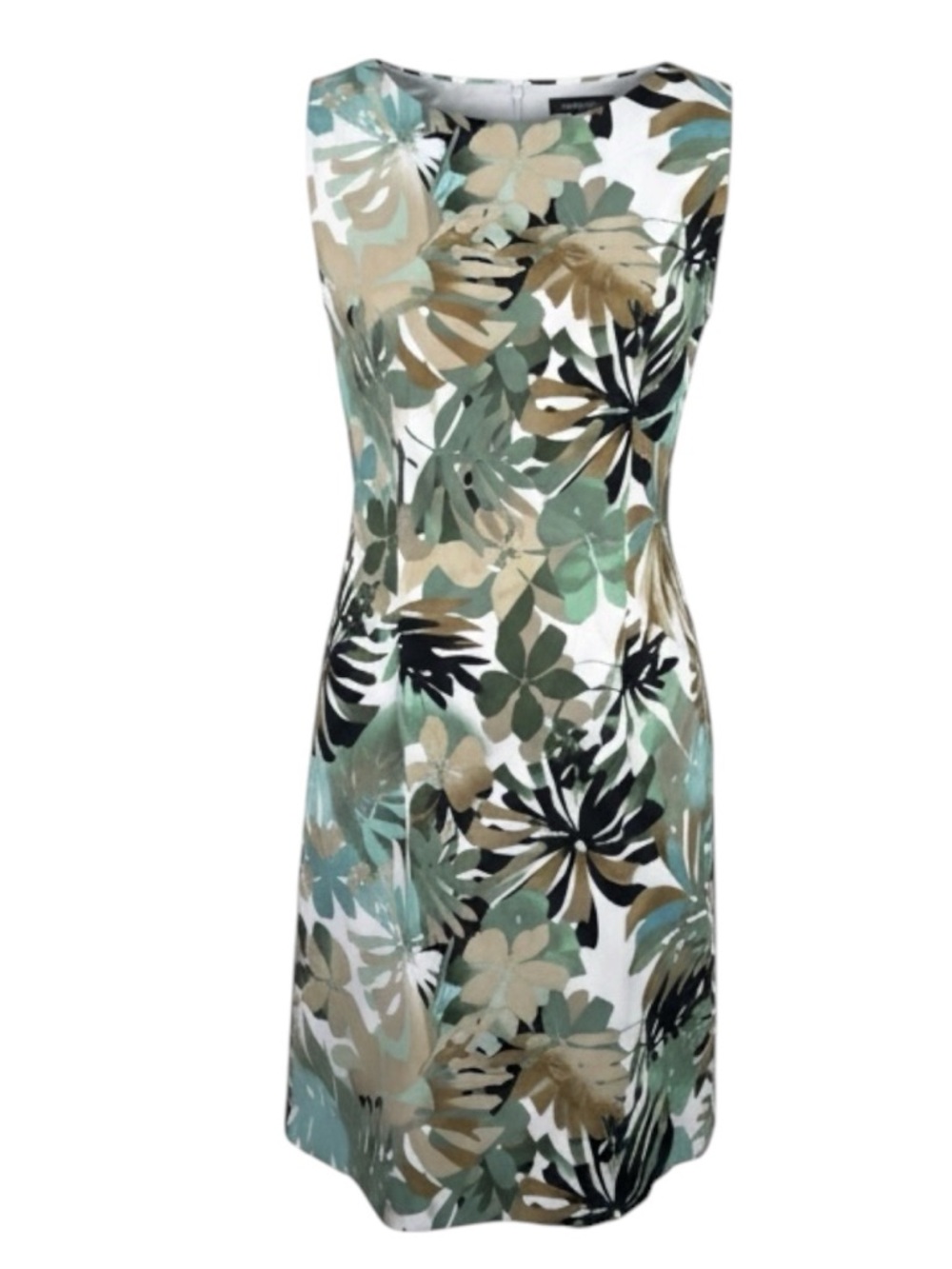 Connected Apparel Tropical Green Tan Floral Dress Size 6 Sleeveless Knee Length